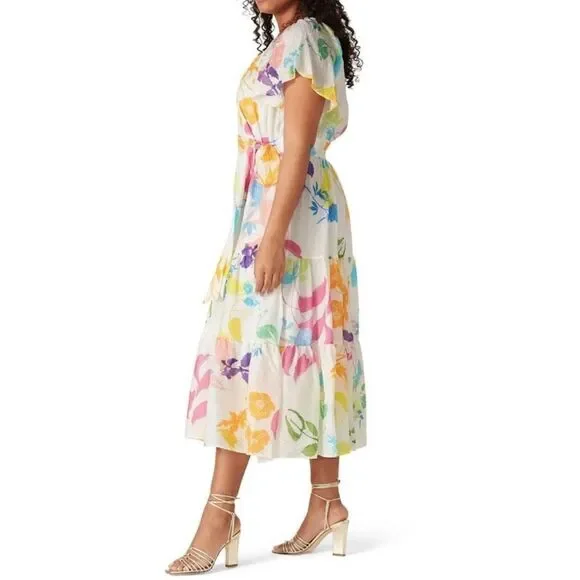 Tanya Taylor Ella Floral Rainbow Dress Silk Midi Flutter Sleeve Size 4 - Picture 2 of 9